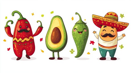 Cute cartoon Mexican food characters including chili pepper, avocado, and man in sombrero isolated on white background
