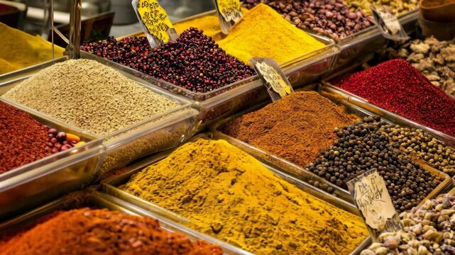 Vibrant display of spices at a bustling market in the afternoon sun, showcasing a variety of colors and textures