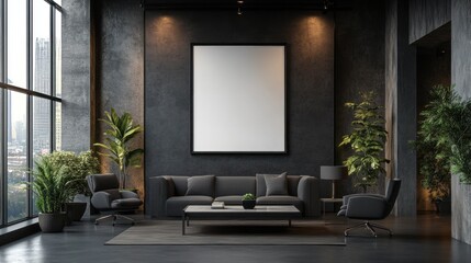 Modern Executive Office Interior with a Blank Vertical Poster on a Dark Wall