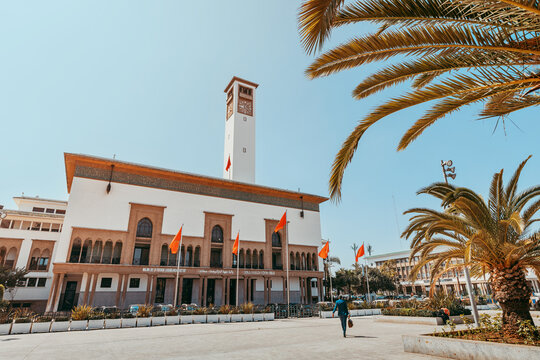 04 March 2025, Casablanca, Morocco: Moroccan administrative building Wilaya du Grand with clock tower on Mohammed V Square
