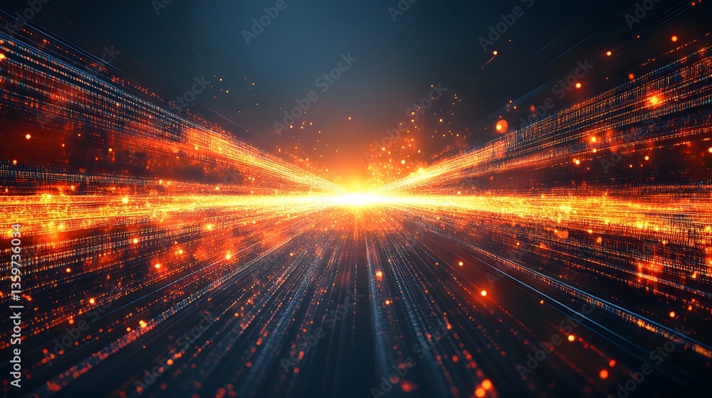 Poster abstract visual depicts digital data flowing towards a bright center