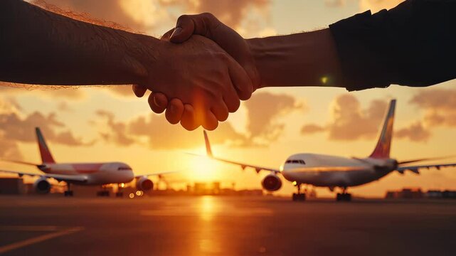 Two airline workers the hands on a tarmac with airplanes airport in shaking background during a beautiful sunset video 4k