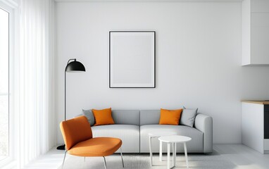 Modern minimalist living room interior with gray sofa, orange armchair, and white round coffee table. White walls and large windows provide bright natural light. 