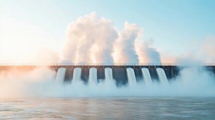 Fototapeta premium Water cascades from multiple gates of a hydroelectric dam, surrounded by a misty atmosphere as steam rises against a backdrop of a clear winter sunrise