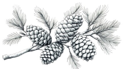 The drawing shows a branch with conifer needles and cones.