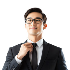 young asian professional in suit adjusts tie with confidence and slight smile on isolated on png transparent background