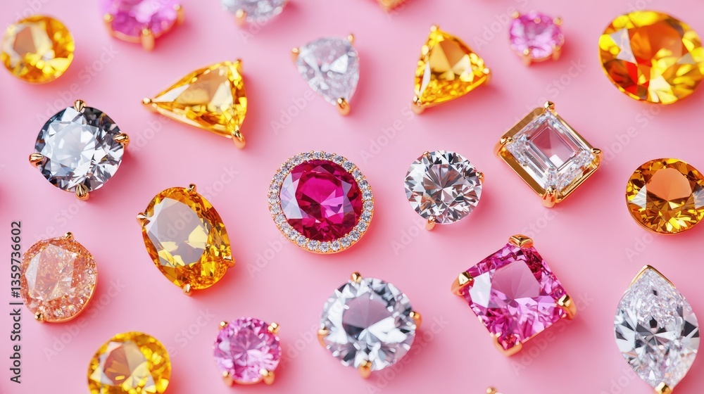 Aufkleber a vibrant display of various gemstones in different cuts and colors arranged on a soft pink backgrou