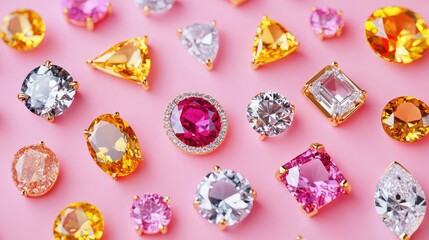 A vibrant display of various gemstones in different cuts and colors arranged on a soft pink background