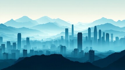 Fototapeta premium Silhouetted skyscrapers fading into layers of misty mountains, the gradient of soft blues creating a peaceful atmosphere, gentle haze blending the urban and natural elements 
