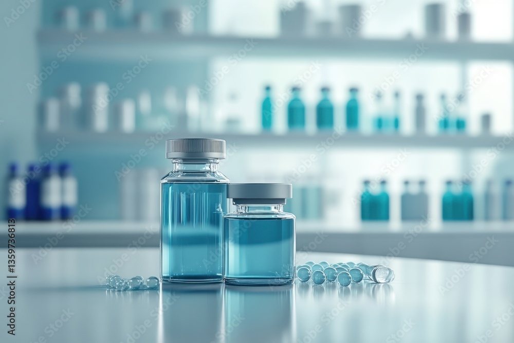 Poster glass vials containing blue liquid on a laboratory table with a blurred background of shelves lined 