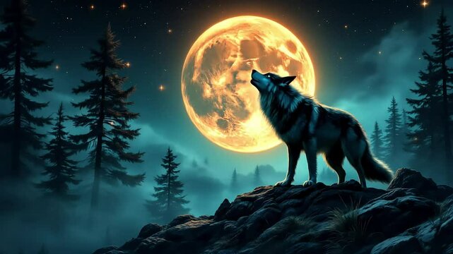 Howling Wolf Under Full Moon | Mystical Night Wildlife Scene