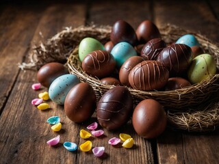 Panière avec des oeufs de Pâques en chocolats