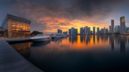 Fototapeta premium Singapore downtown towers silhouetted against a fiery sunset, the twilight sky transitioning into deep indigo, the city modern architecture glowing with a mix of natural and urban light