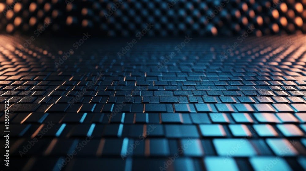 Poster low-angle close-up of dark metallic square tiles illuminated by warm orange glow, creating a futuris