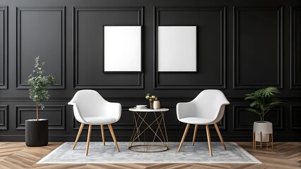 Modern Interior with Minimalist Chairs and Elegant Decor. Luxury Black and White Living Room with Stylish Furniture. Elegant Lounge Area with Scandinavian Chairs and Plants. Minimalist Home interior