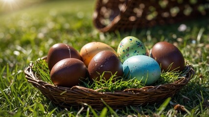 Panière avec des oeufs de Pâques en chocolats