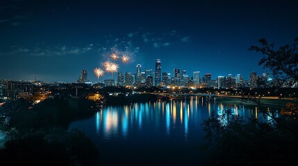 Fototapeta premium Skyline at night with a pristine dark sky above, fireworks exploding in cascading colors, the glow of city lights harmonizing with the spectacle 