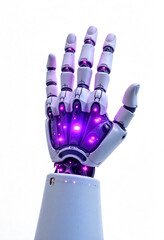 A futuristic purple robotic hand on a white background, symbolizing advanced technology, artificial intelligence, and innovation. The sleek design highlights precision, mechanics, and the future of ro