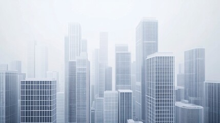 Fototapeta premium Sleek cityscape with simple linear designs, light gray and white tones outlining modern buildings, set on a clean white background 
