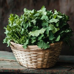 Naklejka premium Fresh mustard greens piled in a woven wooden basket, natural and organic setting, warm earthy tones