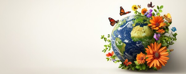 A vibrant globe surrounded by colorful flowers and butterflies, symbolizing nature's beauty and environmental harmony, Sustainable Living.