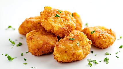 Crispy golden chicken nuggets with herbs isolated on white background showing delicious texture and seasoning