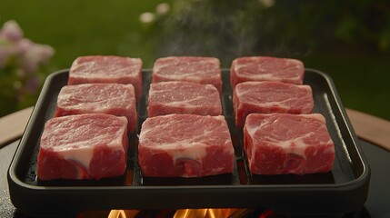 Fototapeta premium Juicy Grilled Lamb Chops on Hot Grill Plate
