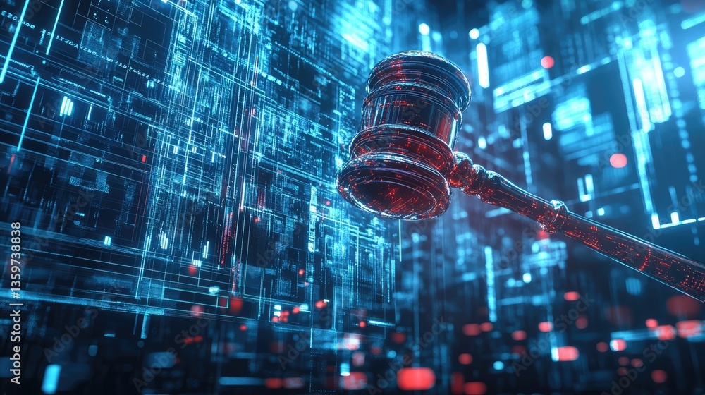 Poster digital gavel symbolizing justice in a futuristic setting with glowing data streams and technology b