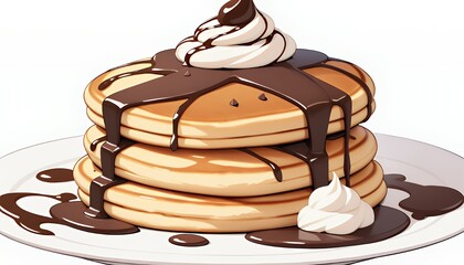 Anime Style Delicious Chocolate Pancakes with Whipped Cream on White Background