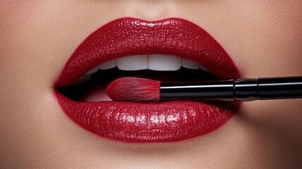 Applying bold red lipstick on glossy lips beauty studio makeup tutorial close-up glamorous look