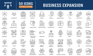 Fototapeta premium Business Expansion line editable icons set. Containing growth, expansion strategy system in global business network and more. Vector Illustration