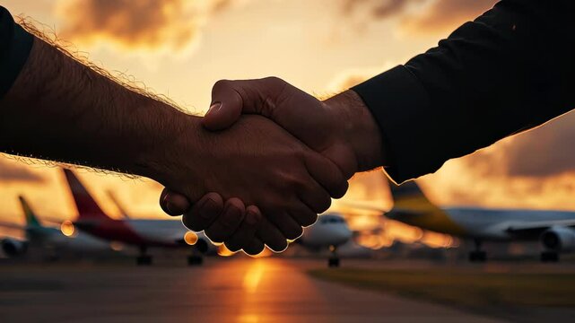 Two airline workers shaking hands on with tarmac sunset during airport in the background airplanes a beautiful a video 4k