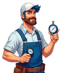 An illustration of a man on a white background with meters and various instruments, representing a professional worker or technician. The image emphasizes precision, technical expertise