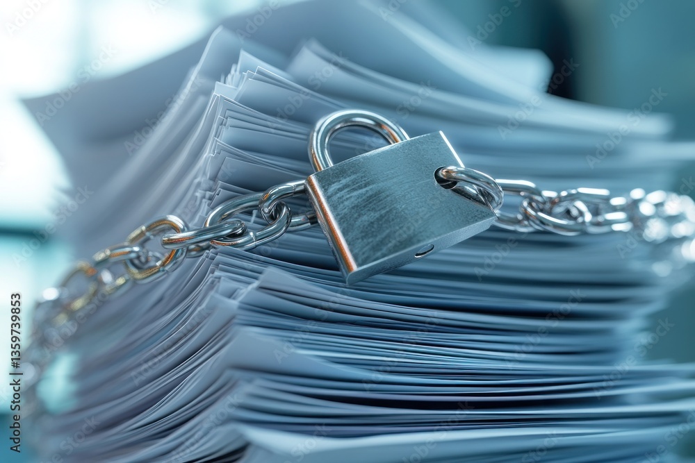 Poster secure documents locked with a padlock and chain on a desk