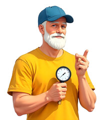 An illustration of a man on a white background with meters and various instruments, representing a professional worker or technician. The image emphasizes precision, technical expertise