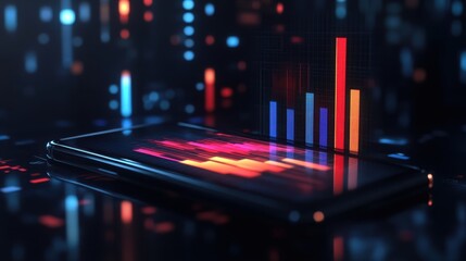 A business graph on a smartphone screen showing bar chart analysis of quarterly profit margins.