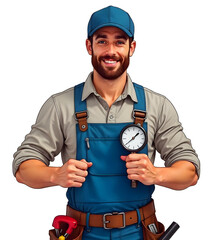 An illustration of a man on a white background with meters and various instruments, representing a professional worker or technician. The image emphasizes precision, technical expertise