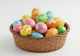 A basket filled with brightly colored and decorated easter eggs on a white background surface view