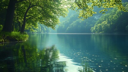 Fototapeta premium Serene Riverside with Lush Green Trees Reflecting in Calm Water