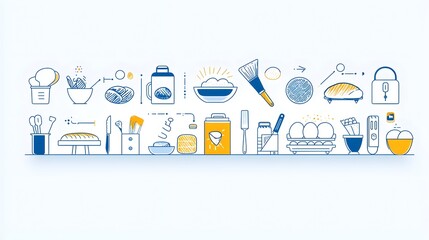 A set of 15 simple minimalist icons depicting various kitchen tools and equipment used for food mixing chopping slicing and grating