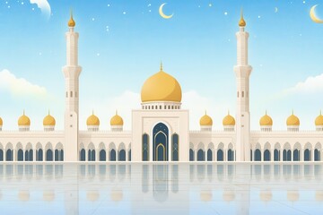 Majestic Mosque with Golden Domes and Serene Blue Sky Background