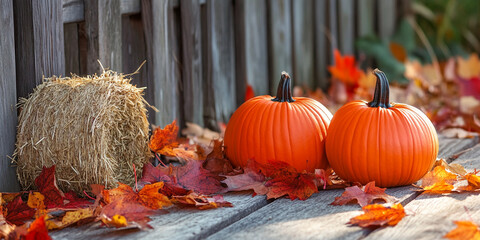 Two orange pumpkins rest on wooden surface among autumn leaves and hay bale, creating a rustic fall scene, showcasing harvest and Thanksgiving themes