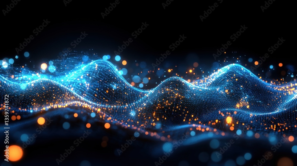 Poster luminous abstract digital rende of undulating blue and orange particles forming wave patterns on a d