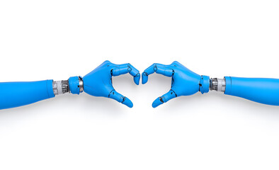 Blue Robotic hand holding heart isolated on white background