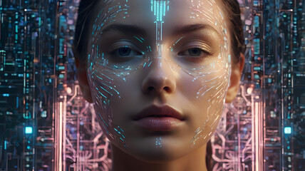 A futuristic and cybernetic close-up portrait of a woman with closed eyes, immersed in a digital environment