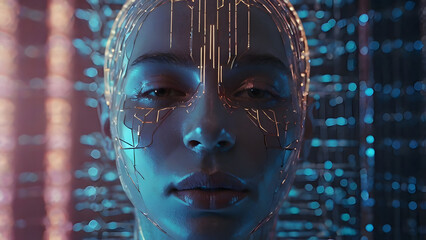 A futuristic and cybernetic close-up portrait of a woman with closed eyes, immersed in a digital environment