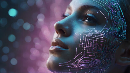 A futuristic and cybernetic close-up portrait of a woman with closed eyes, immersed in a digital environment