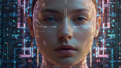 A futuristic and cybernetic close-up portrait of a woman with closed eyes, immersed in a digital environment