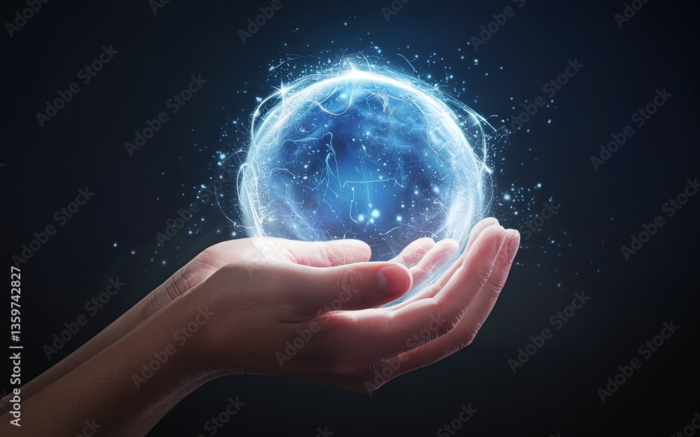 Poster mystical energy sphere: delicate hands cradle a glowing orb of vibrant energy, its intricate pattern