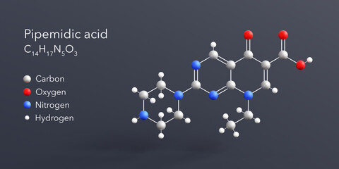 Pipemidic acid molecule 3d rendering, flat molecular structure with chemical formula and atoms color coding